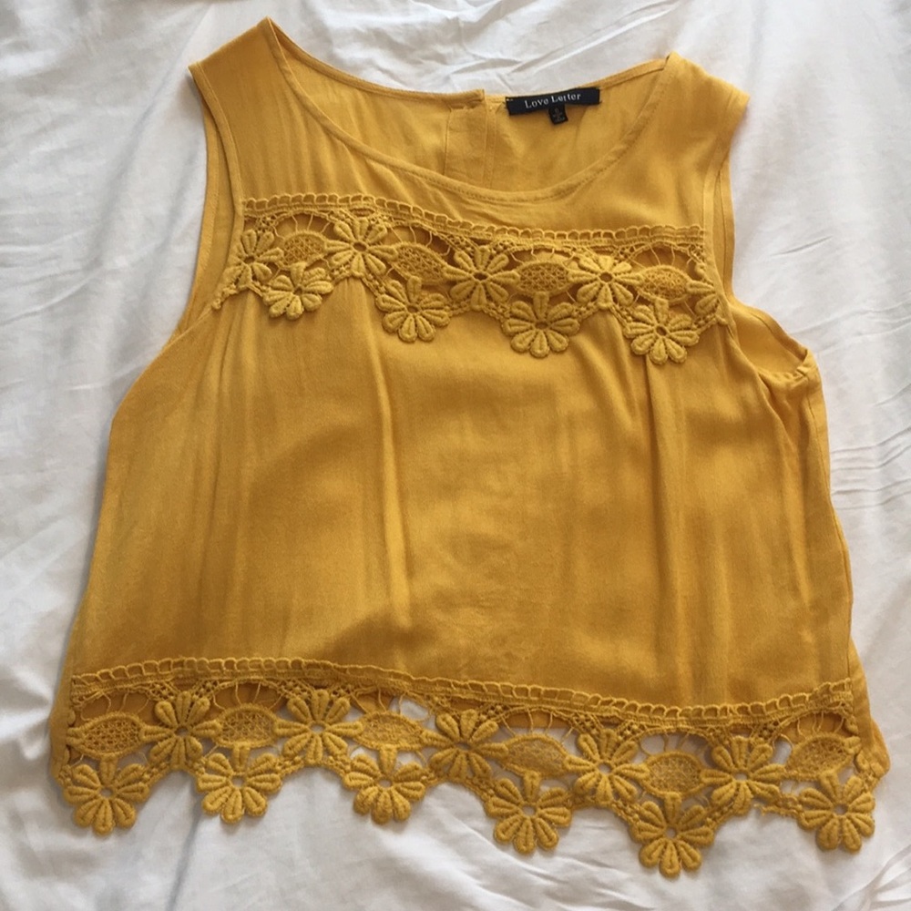 Mustard yellow button-back crochet cut-out tank